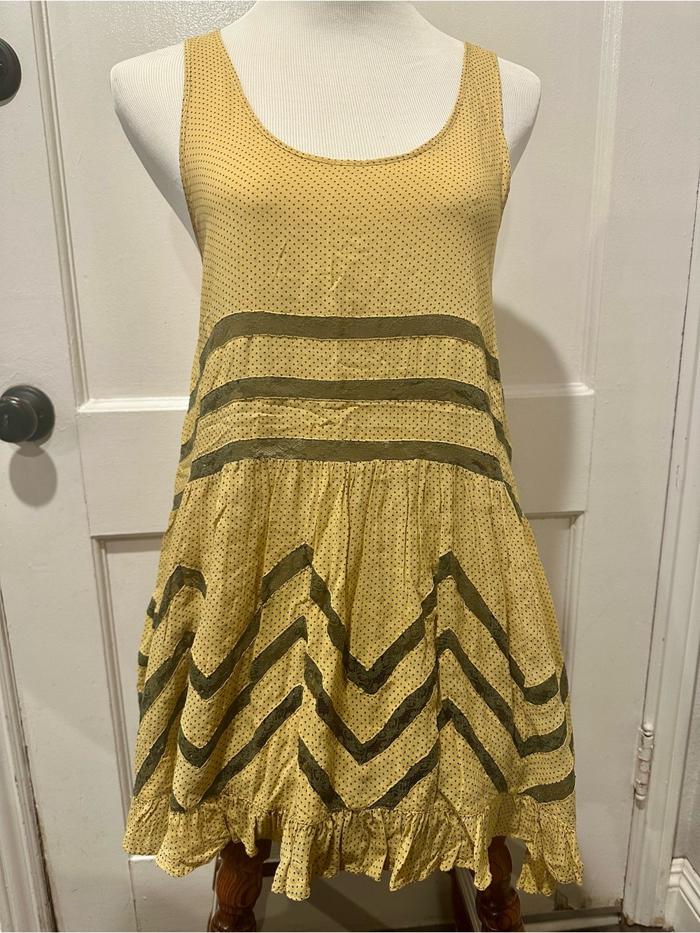 Free People Trapeze Slip Yellow Gray Lace Polka Dots A-line Tunic Boho Chic S